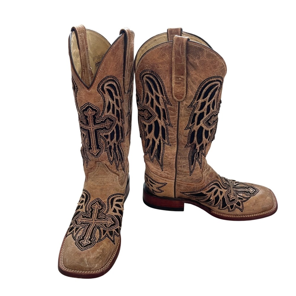Ferrini Womens Distressed Leather Cross Wing Western Cowboy Boots Tan 8.5 B